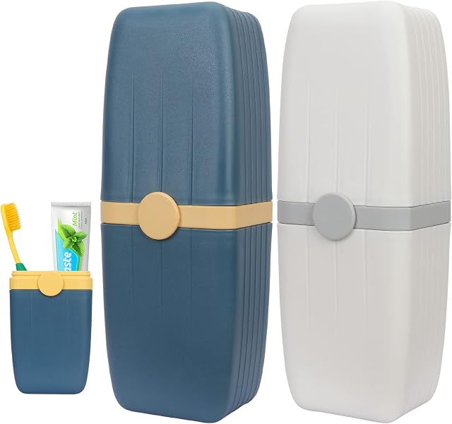 WWW Travel Toothbrushes Case,Toothpaste Storage Box,Cup Travel Toothbrush Container Cases,Portable Toothbrush Holder for Travel,Business,Home,Camping,School Supplies,White+Blue