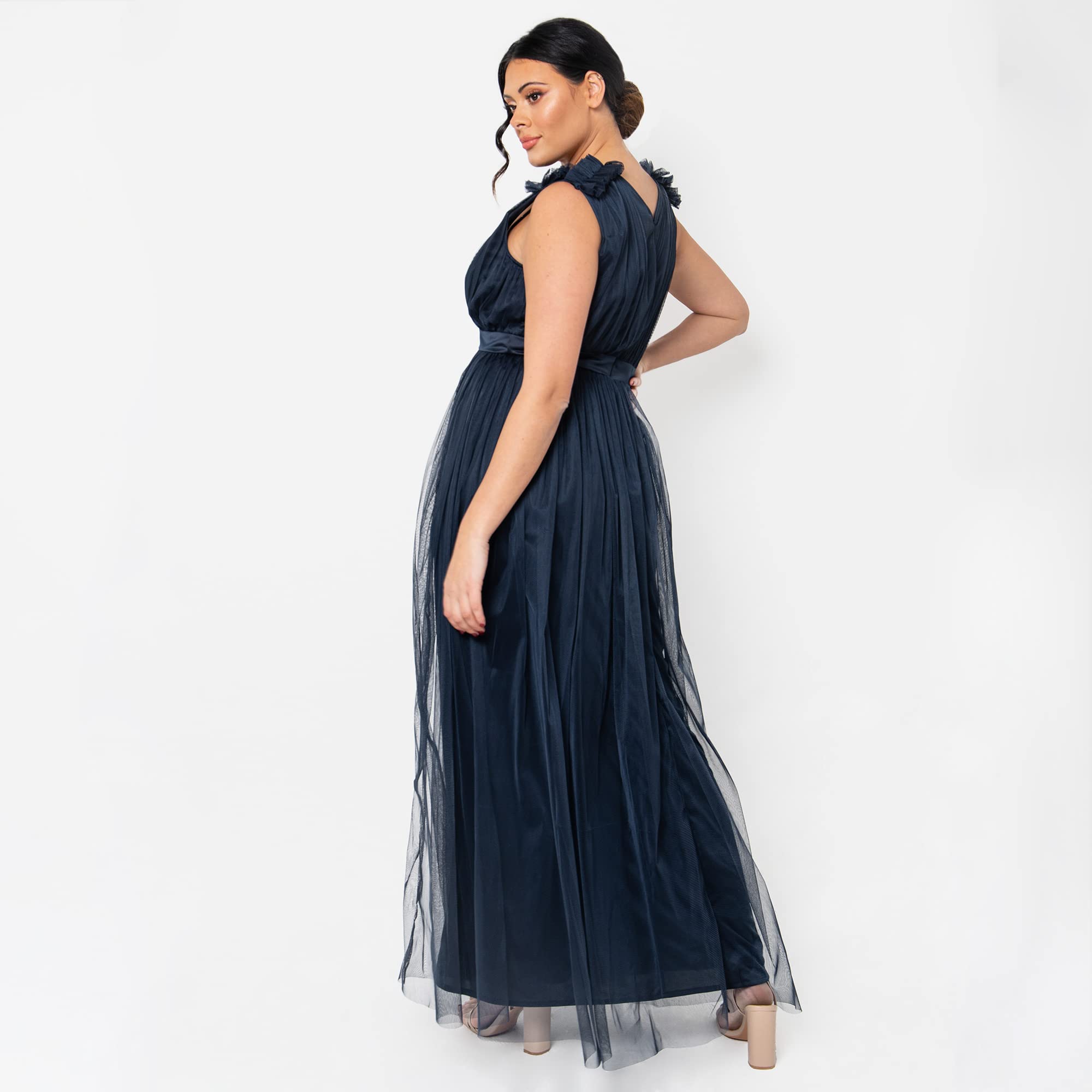 Maya Deluxe Robe Longue sans Manches avec col en V à Volants et Taille Empire pour Bal de Fin d'année, Mariage, Demoiselle d'honneur Femme