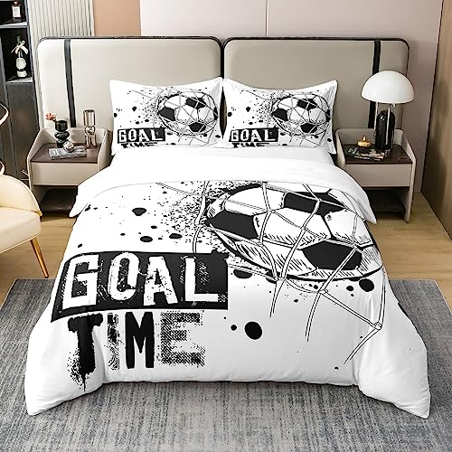 Homewish Kids Football 100% Washed Cotton Comforter Cover Single Soccer Bedding Set Sports Games Duvet Cover for Boys Girls Children Teens Geometric Polygon Quilt Cover for Bedroom,Black White
