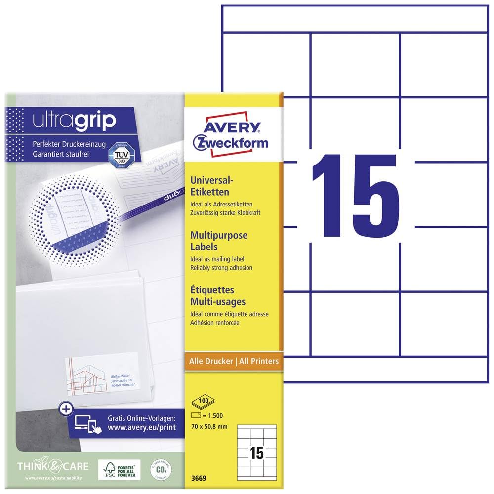 AVERY Zweckform Universal-Etiketten Etikett 70x50,8mm InkjetLaserCopy A4 100BLATT 1500ST