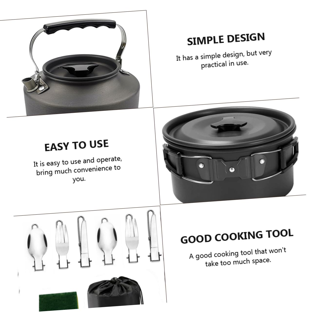 Toyvian Set de Vaisselle en Alliage D'aluminium Noir, Casseroles Antiadhésives Légères et Pratiques Facile à Ranger pour Barbecue et Camping pour 2-3 Personnes pour Voyage et Plein Air