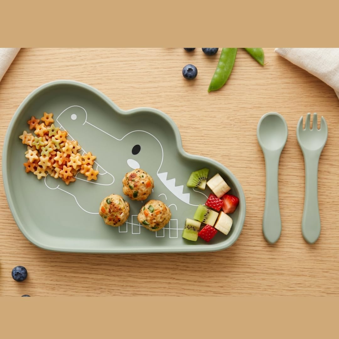 TIGGY & BONNET Crocodile 2 Pcs Silicone Baby Feeding Set for Baby Bpa-Free | Microwave Safe, Anti-Slip Base | Tableware Kit for Babies & Toddlers with Suction Plate & Spoon