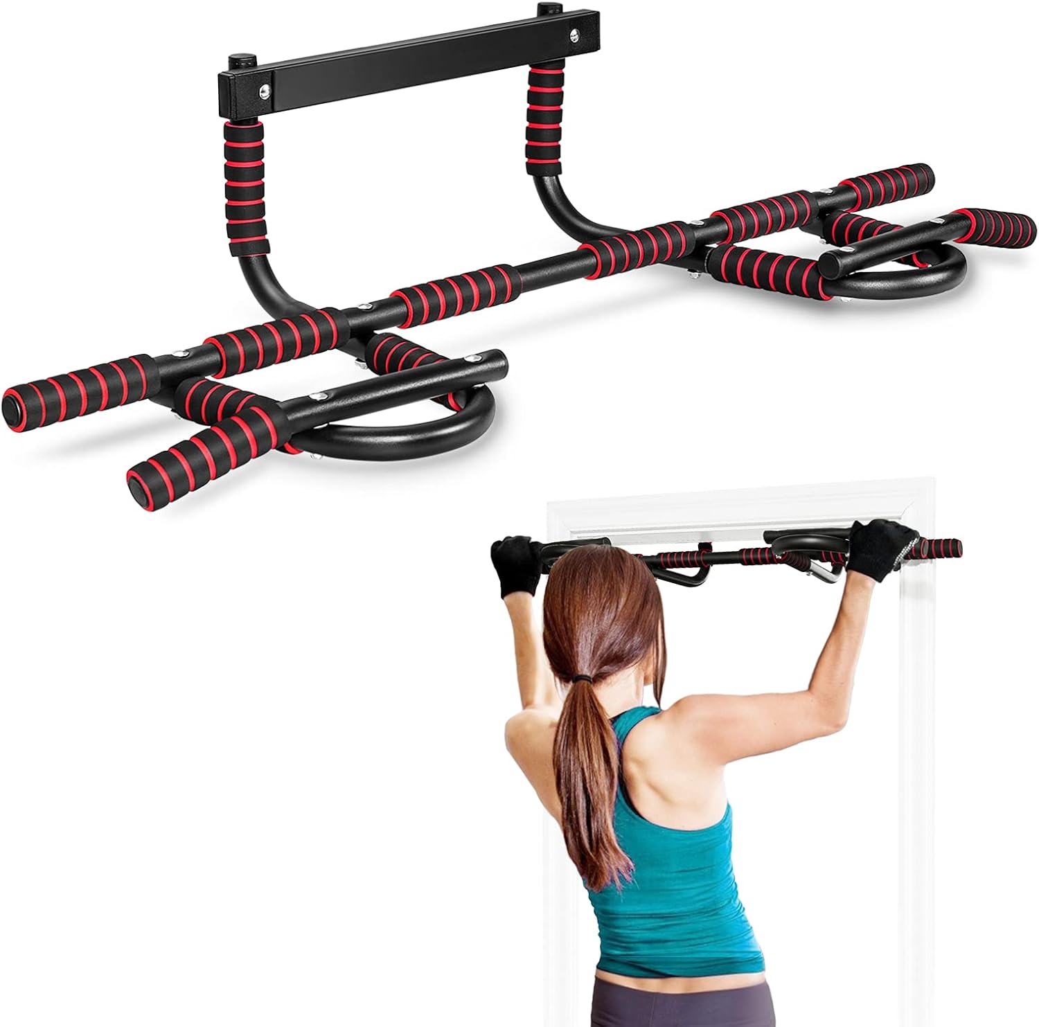 GYMAX Doorway Pull Up Bar, MultiGrip Chin Up Bar w/Ergonomic Foam