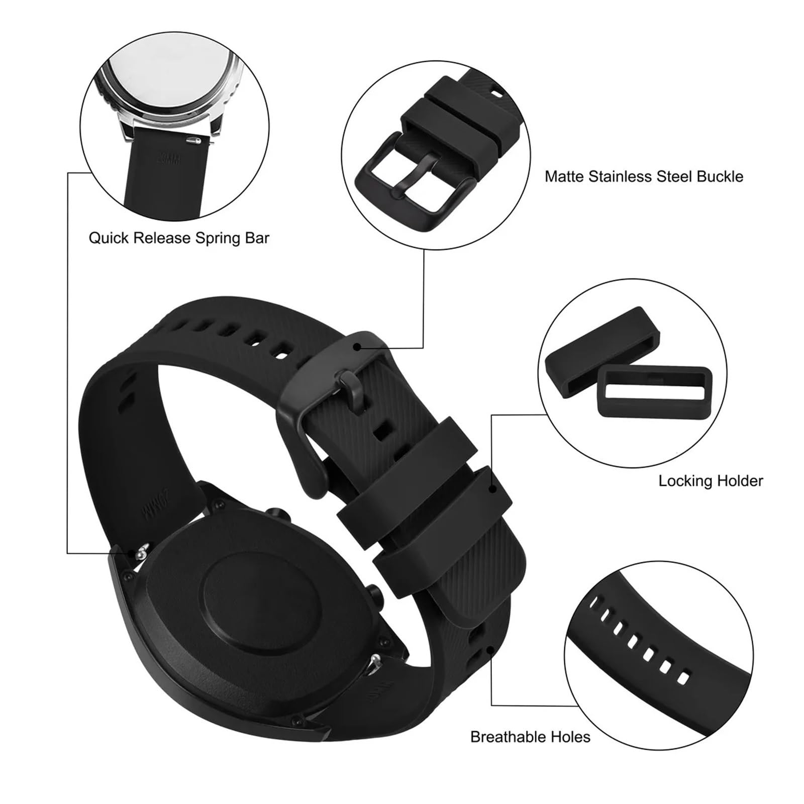 Cinturino, Cinturino Sportivo in Silicone for Uomo e Donna, Fibbia sabbiata(Black,20mm)