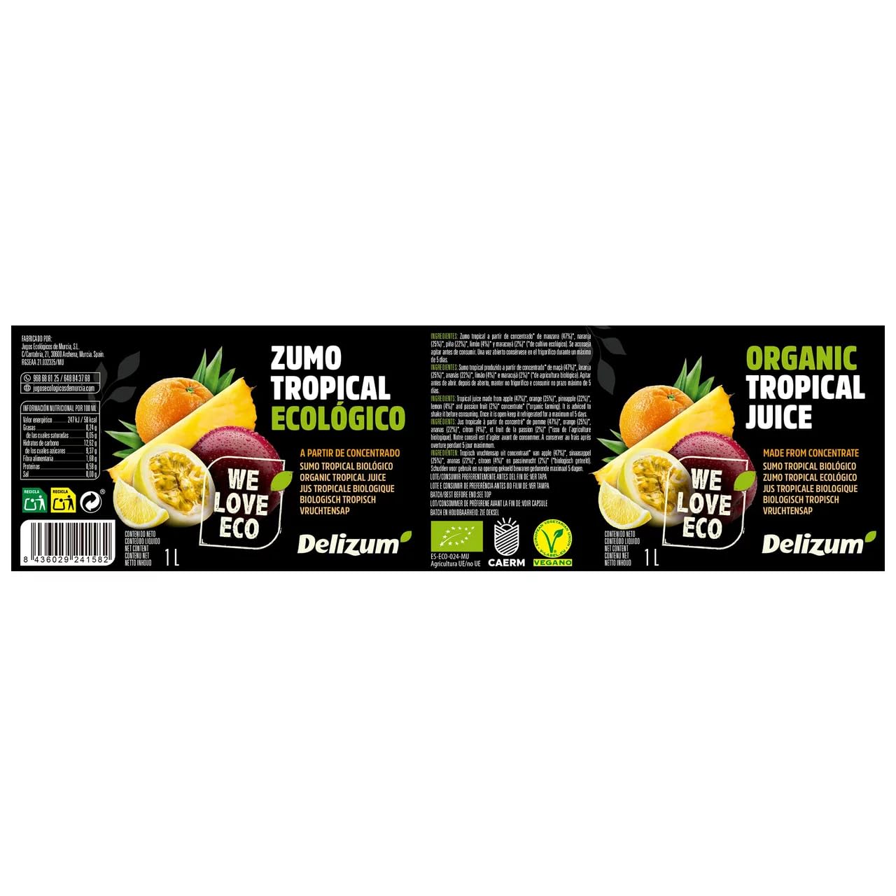 Tropischer Saft aus Konzentrat von Orange, Ananas, Zitrone, Apfel und Maracuja, ökologisch 1 l, 4er Pack
