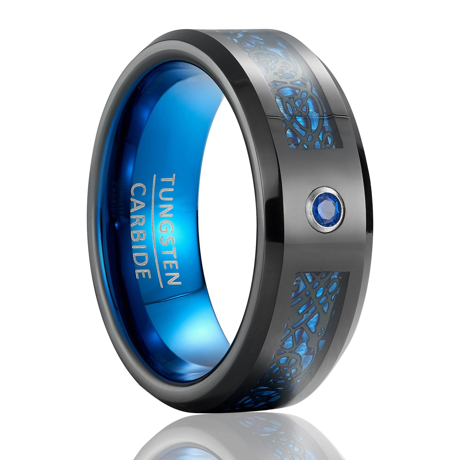 Fascia Guardian Line - Anello Nuziale in Tungsteno Nero Larghezza 8mm con Zirconia Blu (Misura USA)