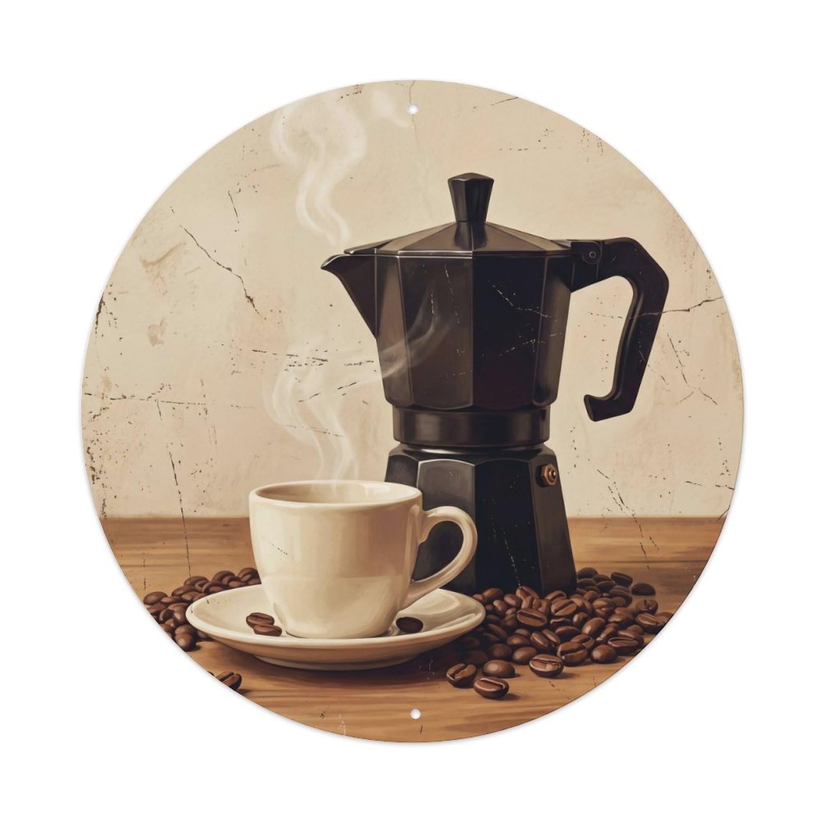 Vintage Moka Pot Espresso Roasted Beans Still Life Coffee Metal Tin Sign Plaque Wall Decor for Cafe, Man Cave, Club Bar, Office, Home Garden Round Metal Poster 8x8Inch
