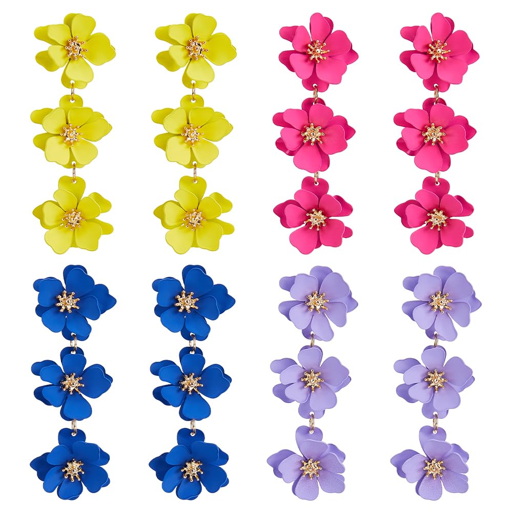 UNICRAFTAL 4 Paia Orecchini Pendenti Floreali Bohemien - 4 Colori (Giallo, Blu, Rosa, Viola) In Lega Con Fiore A 3 Strati - Eleganti Regali Donna