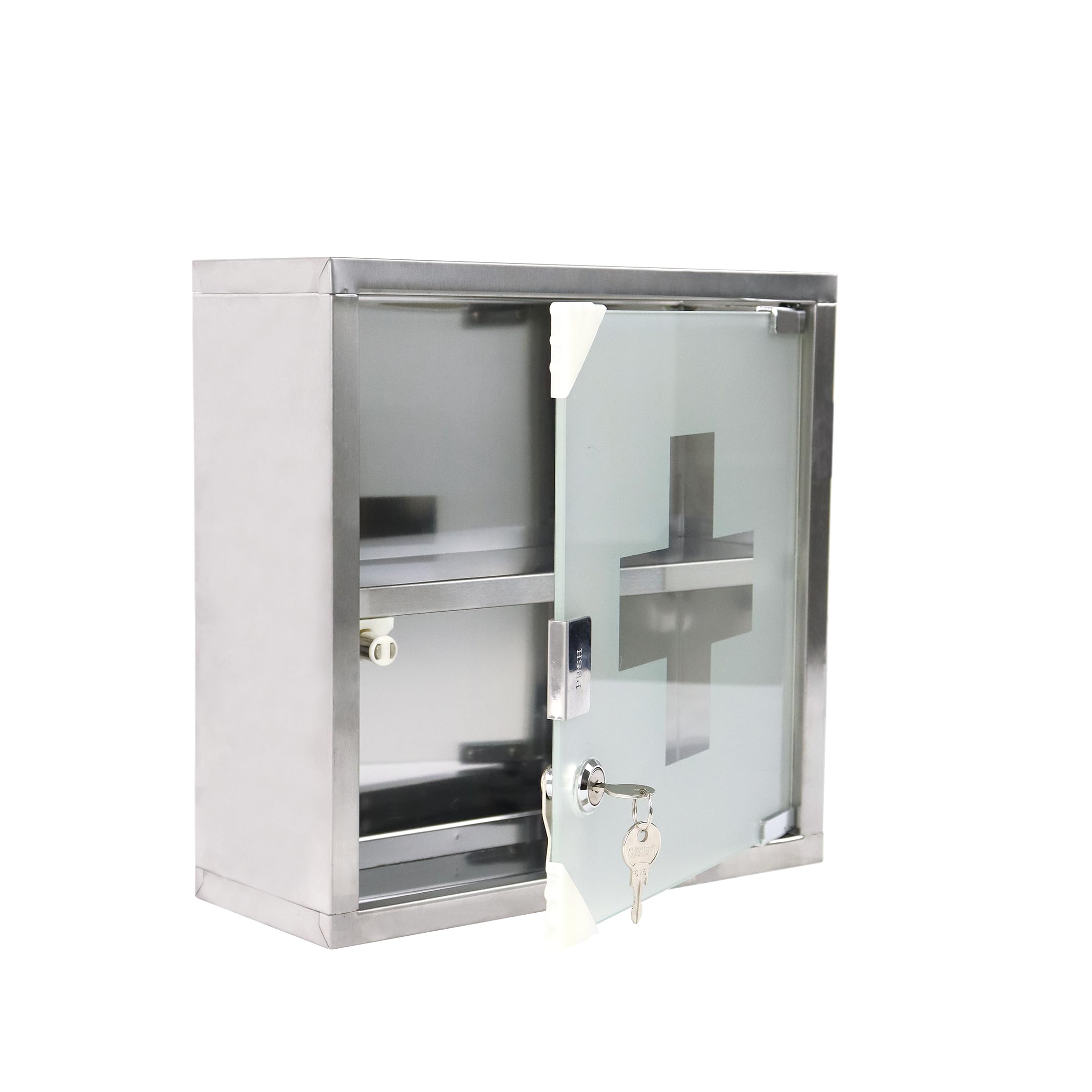 XMTECH Armoire à Pharmacie verrouillable - Armoire à Pharmacie - en Acier Inoxydable - Porte en Verre avec Serrure - 4 Compartiments - 57,5 x 30 x 12 cm