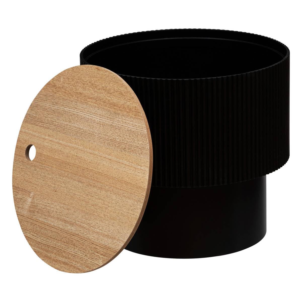 Atmosphera - Table Basse Coffre Enola Noire - D 38,5 x H 35 cm - Plateau Effet Bois, Design Cannelé - pour Salon, Chambre, Bout de Canapé