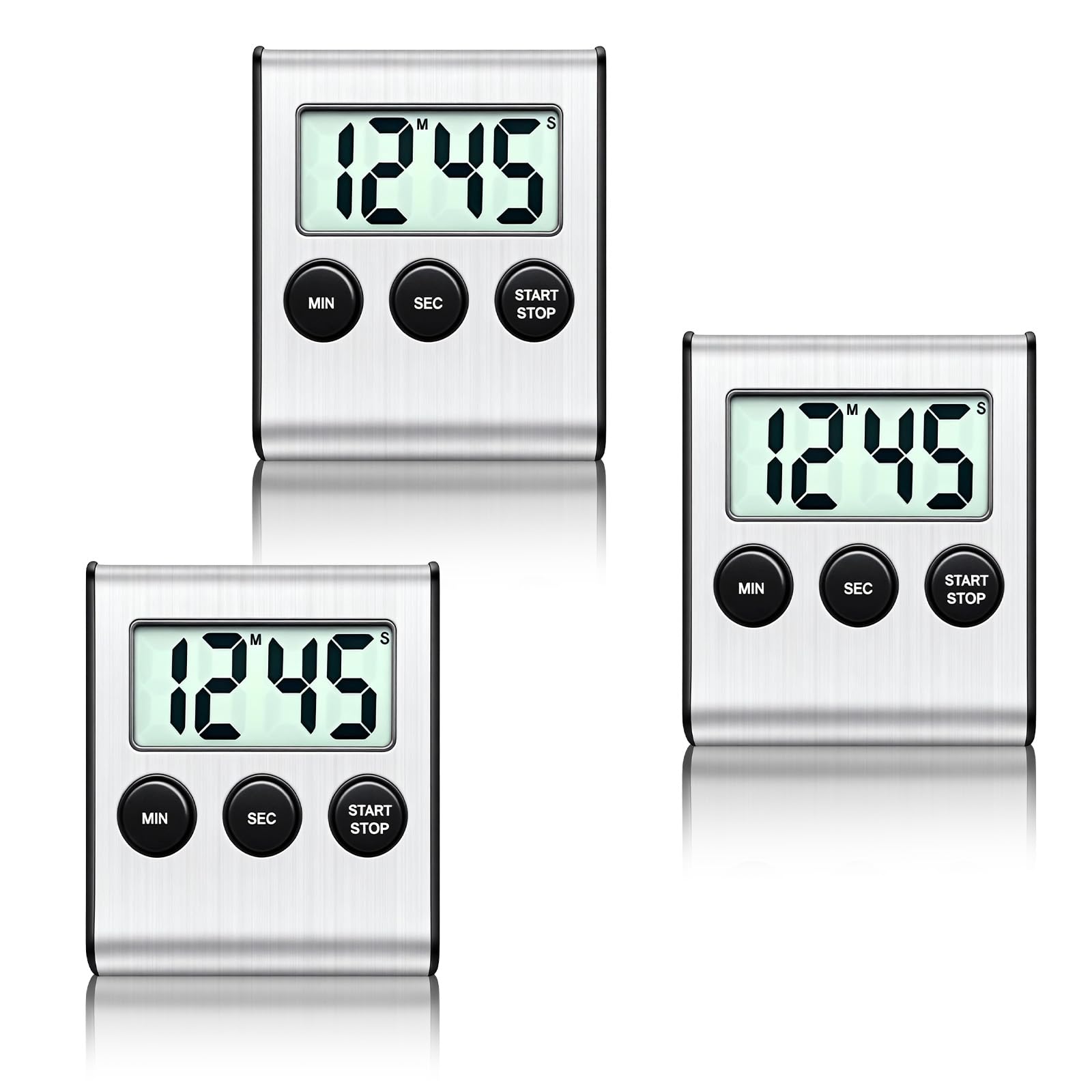 3 PCS Timer Digitale con Allarme Forte con Cifre Grandi, Timer da Cucina Digitale con Supporto Magnetico e Interruttore on/off per Cucinare, Sport, Studio, Riunioni, Acciaio Inossidabile