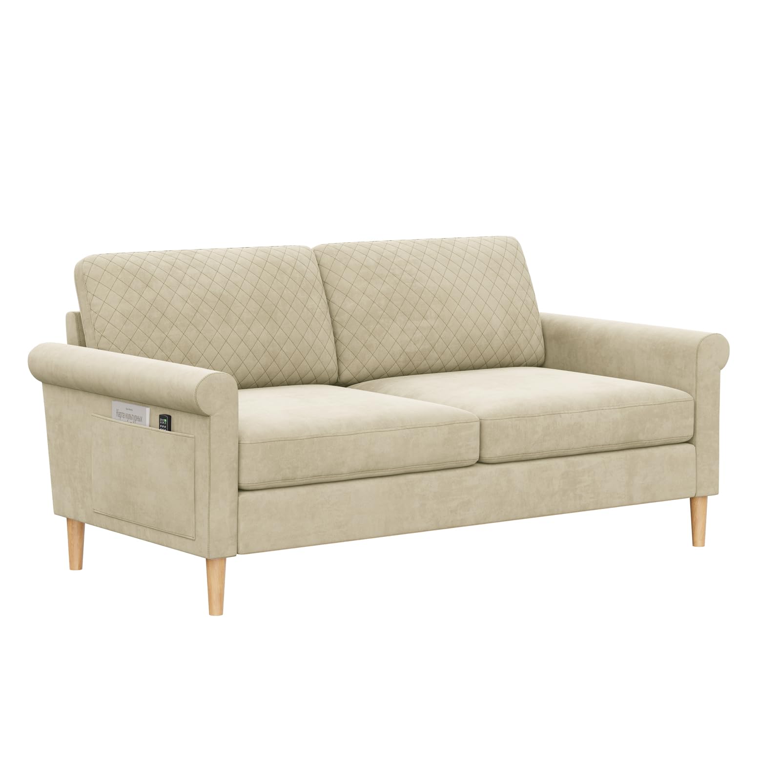 Vesgantti Fabric 2 Seater Sofa, 164cm Loveseat Sofa with Bilateral Pocket Storage, Upholstered Couch Perfect for Living Room, Bedroom, Office, Small Space, Tool-free Assembly, 164L*76D*85Hcm, Beige