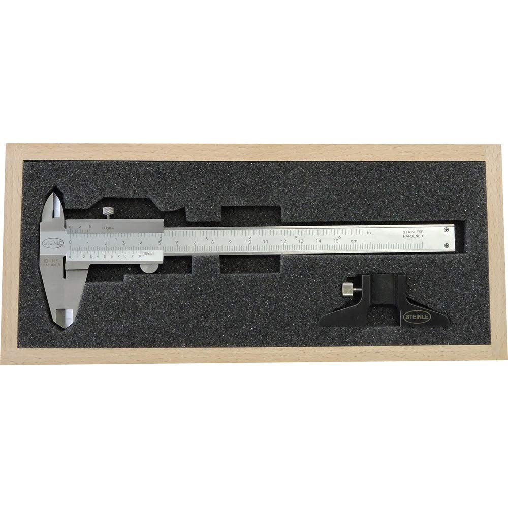 SET 2-tlg STEINLE Messschieber 1102 Analog - STEINLE Analog Messschieber 150 mm - STEINLE Tiefenmessbrücke 75 x 6,5 mm inkl. Holzetui