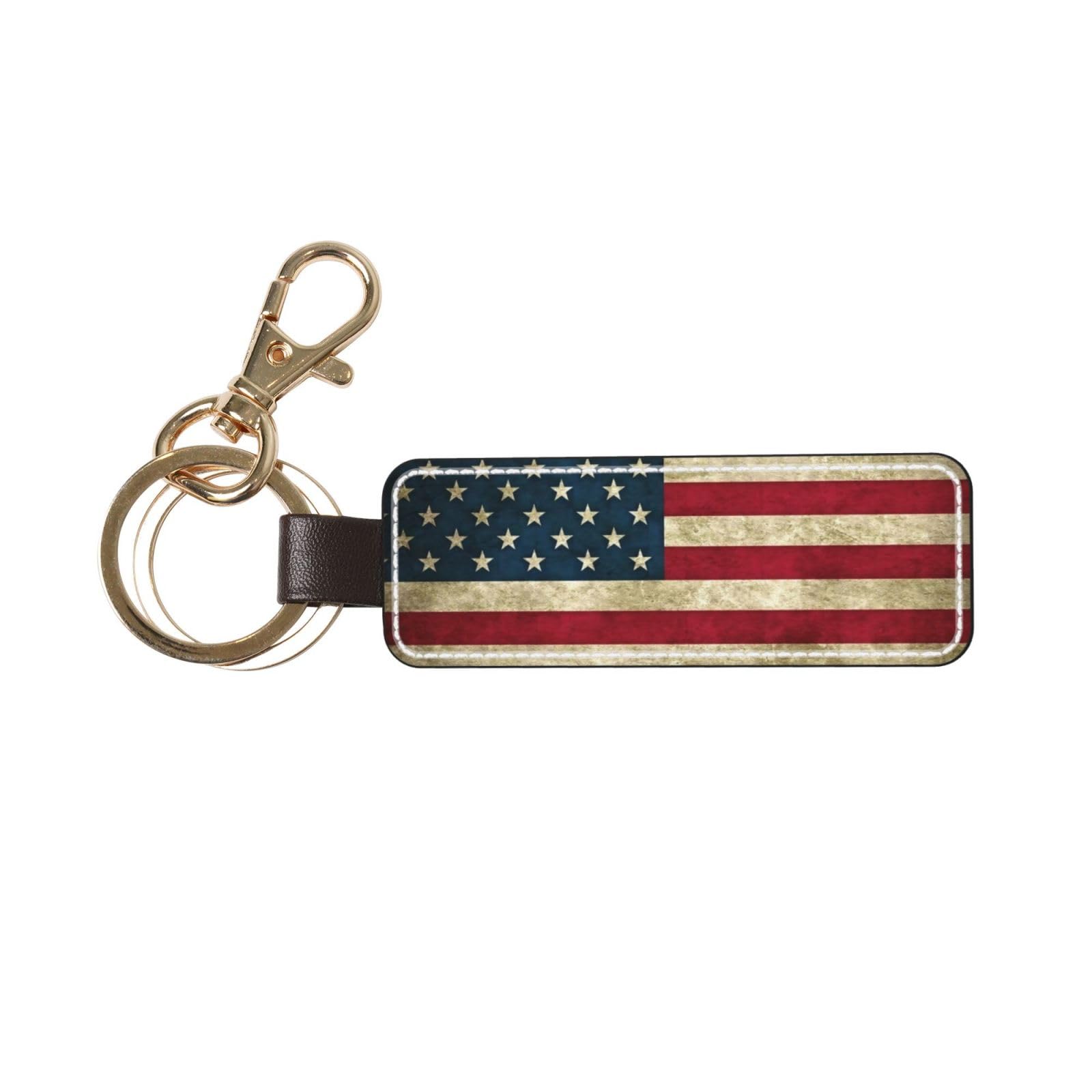 popzzd American Flag Print Leather Keychain, Key Fob Holder With Keyrings And Anti-Lost Swivel Clip For Women Men