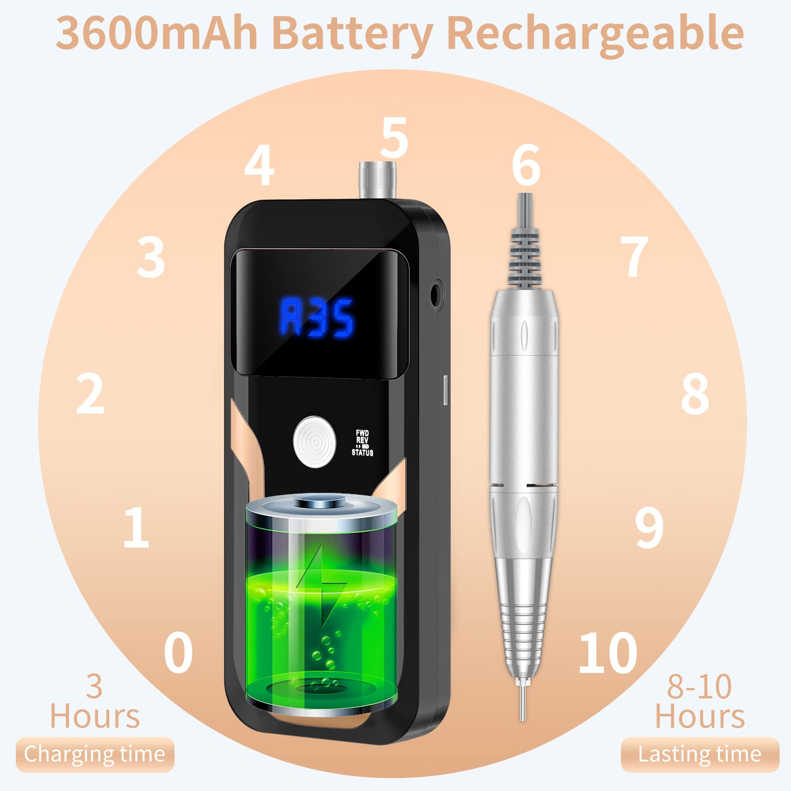 MOCOWIND Portable Nail Drill Professional 35000 RPM, Rechargeable Electric Nail File Machine Cordless E-File for Acrylic Gel Polishing Removing with Bits Kit for Manicure Salon Home,: Black