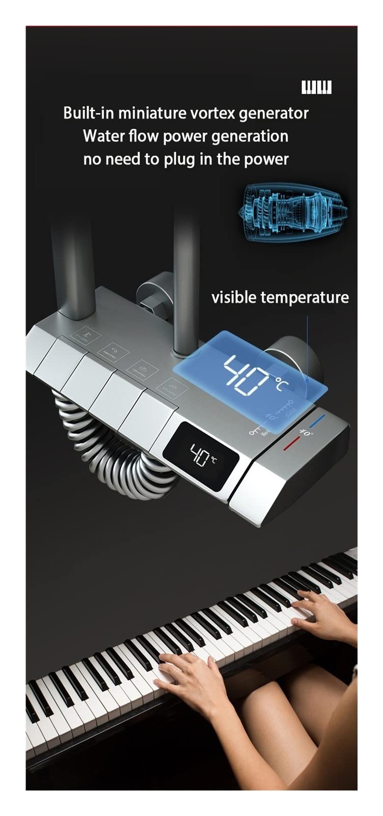 Set Doccia Digitale for Pianoforte Grigio Rubinetti da Bagno in Ottone Intelligenti Rubinetto a Cascata Calda e Fredda Doccia Grigio a Pioggia(White Square)