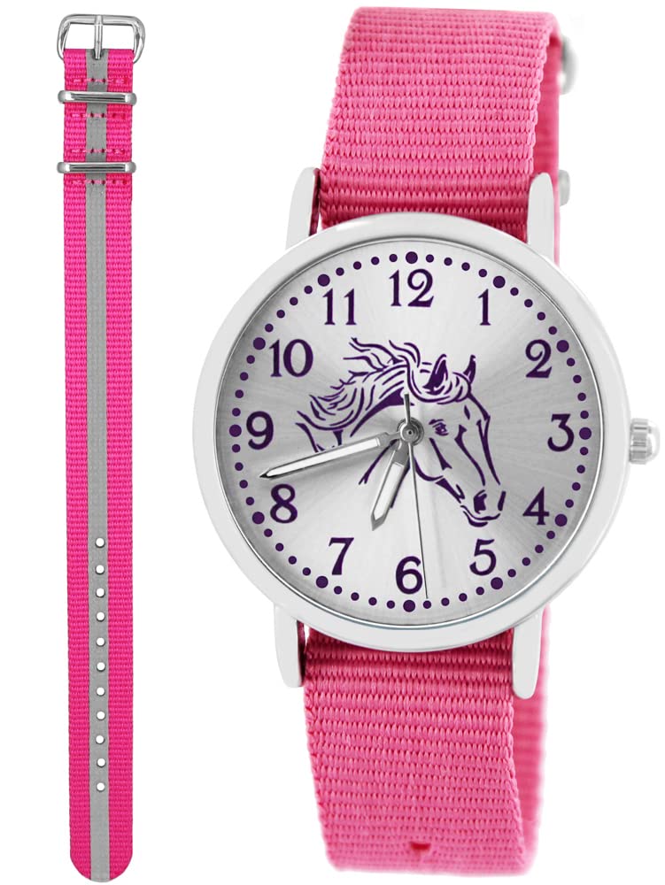 Pacific Time Kinderuhr Mädchen Pferdeuhr Geschenk-Set Rosa 2 Armbänder | Geschenk für Mädchen: Pferdeuhr mit violettem Pferdekopf, 2 Armbänder, 5 ATM wasserdicht, günstiger als Einzelkauf