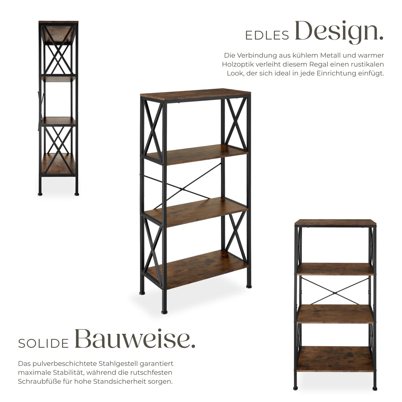 tectake® Industrial Regal mit 4 Ebenen, 61,5 x 31,5 x 133,5 cm, Standregal, Bücherregal, für Deko Wohnzimmer, Möbel für Arbeitszimmer, als Wohnzimmerschrank - Industrial Dunkelbraun