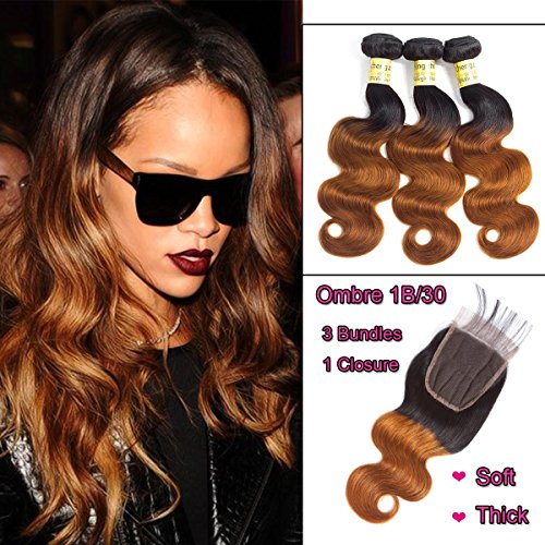 Ombre Hair Bundles Human Hair Body Wave T1B 30# Brazilian Virgin Hair 8A Grade Soft Hair Extensions With Closure (14"16"18"& closure 12")