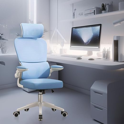 Cadeira de escritório, design ergonômico com suporte lombar independente, malha respirável e encosto de cabeça ajustável(Azul)
