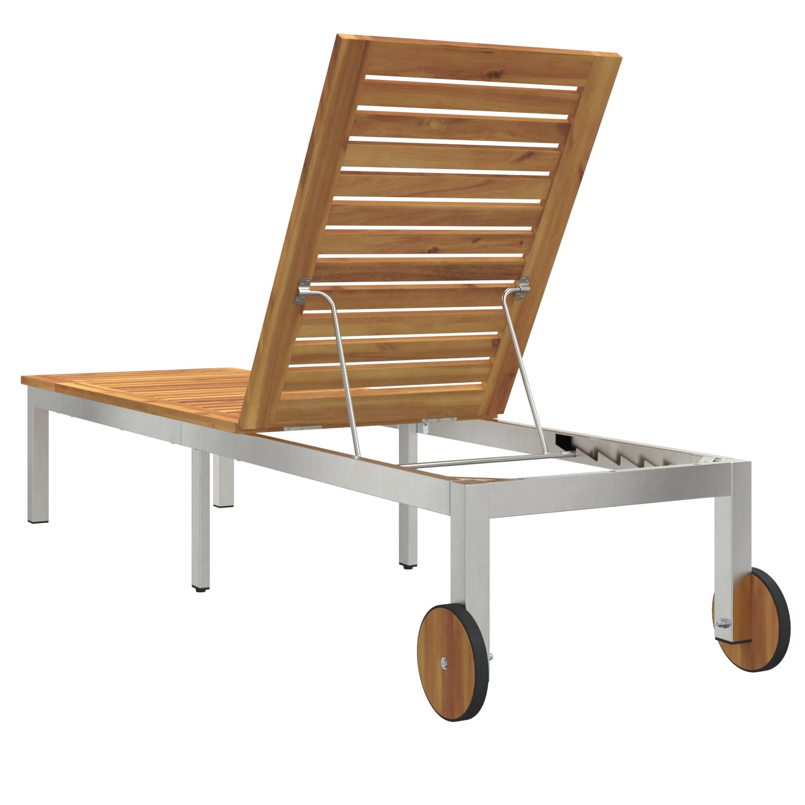 Lettino prendisole con ruote in legno massello di acacia e acciaio inox, schienale regolabile, resistente alle intemperie e facile da spostare per giardino o balcone, design moderno, spazioso