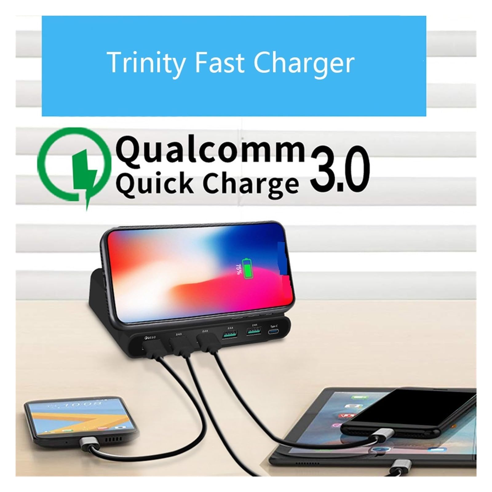Chargeur sans Fil for Smartphone, Adaptateur De Charge Rapide Multi-Port USB 3 en 1, Adaptateur d'alimentation for Smartphone Sécurité Rapide