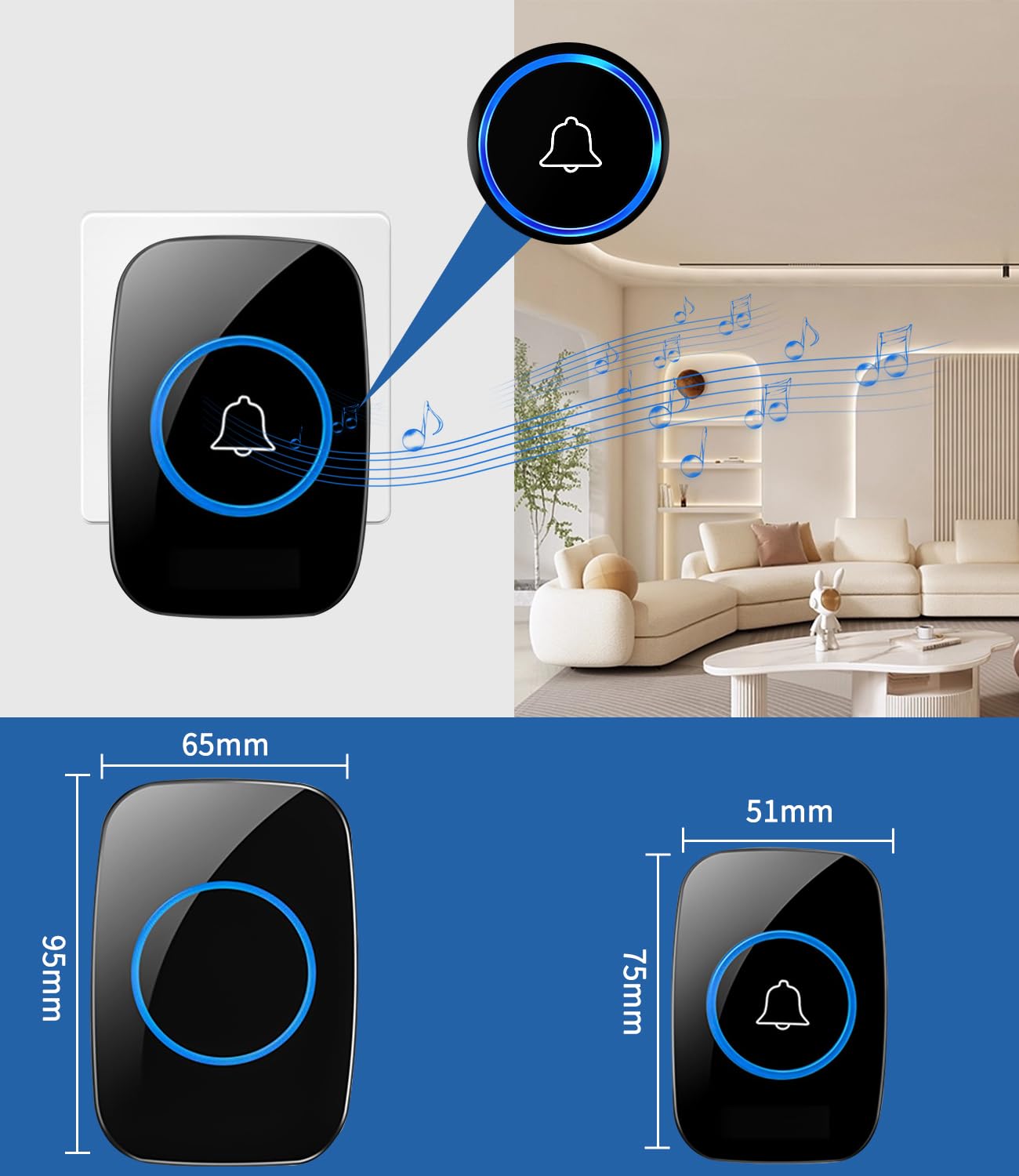 Zawaer Campanello Senza Fili da Esterno, Set Impermeabili Campanelli Casa Anteriore di 300m, Campanello Porta Ingresso con 60 Melodie, 5 Livelli di Volume e Display a LED, Nero Doorbell Wireless