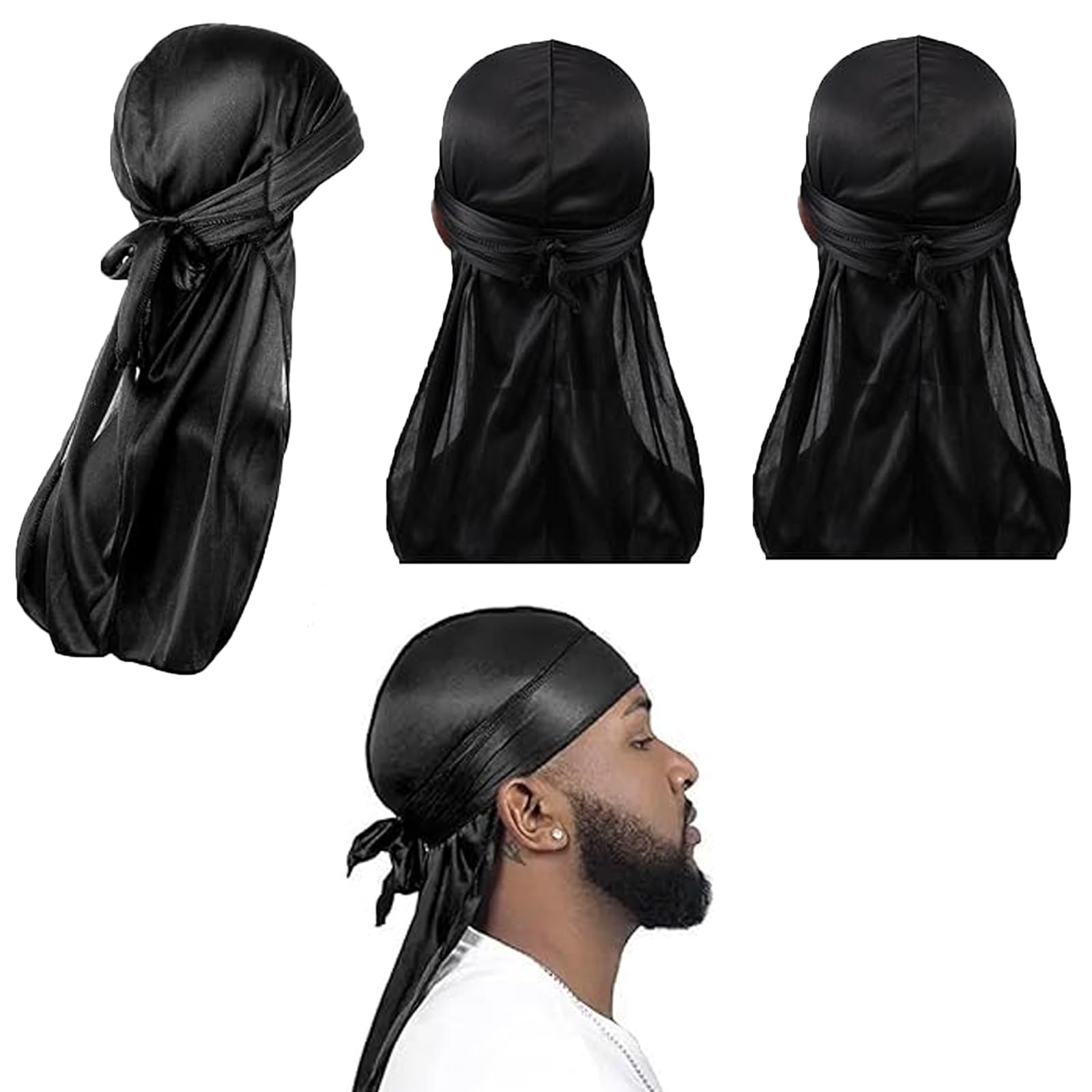 KPSRFG3 PCS Long Tail Durag, Durag, Durag Mens, Comfortable Durags, Durags for Men, Black Durag, Durag Cap, Elastic Wave Cap, Suitable for 360 Waves, Dreadlocks and Curls (Black)