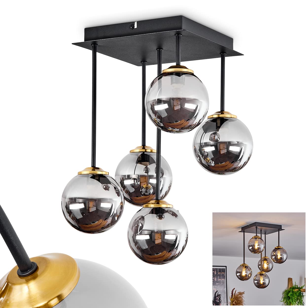 Ceiling lamp Chehalis, Modern Ceiling lamp Made of Metal/Smoked Glass in Black/Brass/Chrome, lamp with Spherical lampshades Made of Glass, 5-Flame, 5 x G9, Without Bulbs