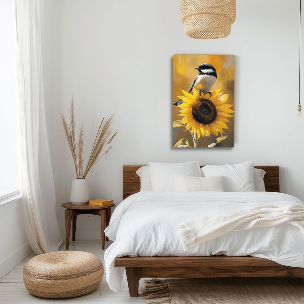 CGXLB Cardinal Bird and Chickadee Wall Art Bird & Sunflower Picture Spring Summer Canvas Prints Paintings Nature Garden Wall decor Framed for Bedroom Bathroom Kitchen Office 12"x18"