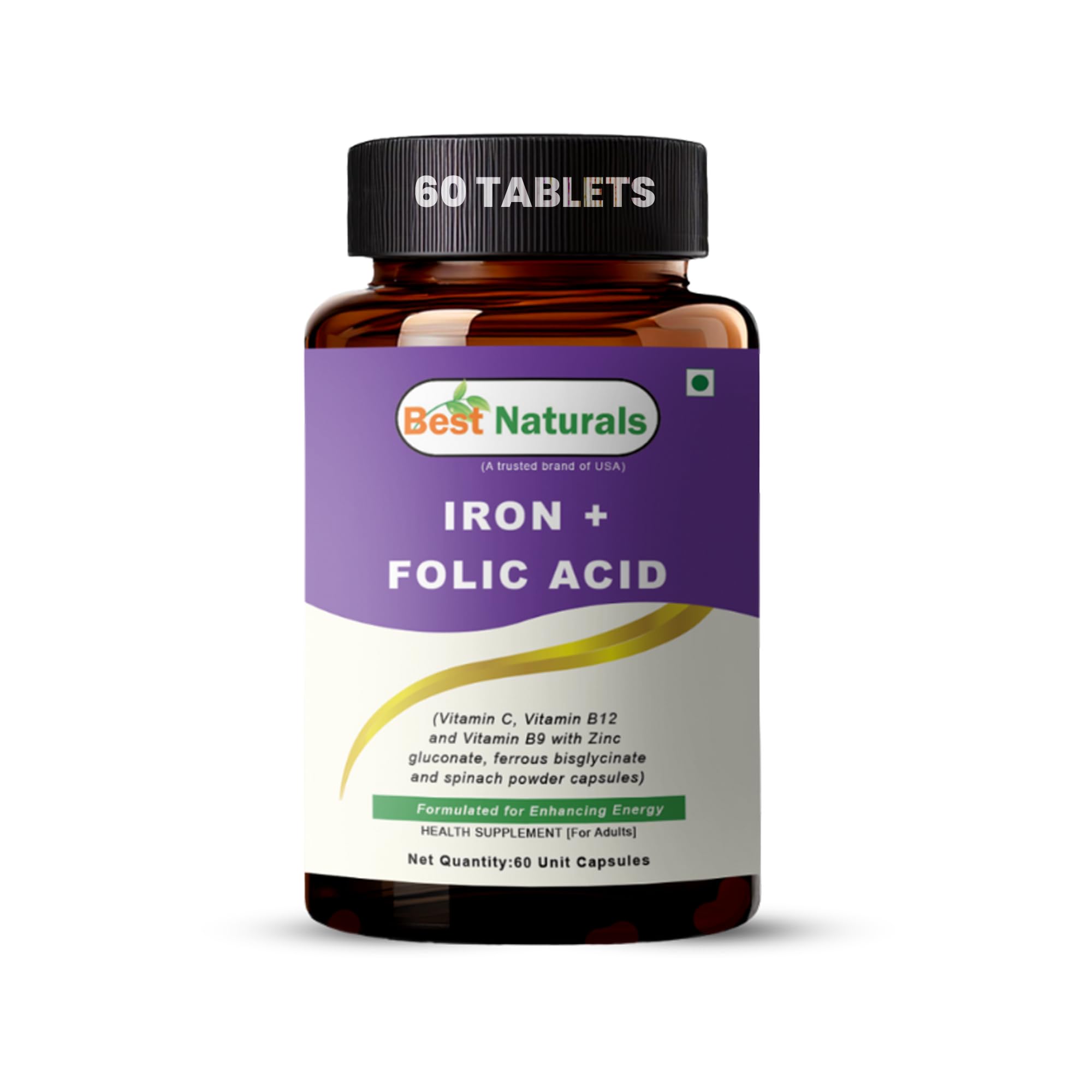 Best Naturals Iron + Folic Acid – 60 Capsules, 2-Month Supply – Supports Healthy Red Blood Cells, Energy Levels & Immune Function – Essential for Women’s Health – Non-GMO, Gluten-Free, Trusted USA Brand.