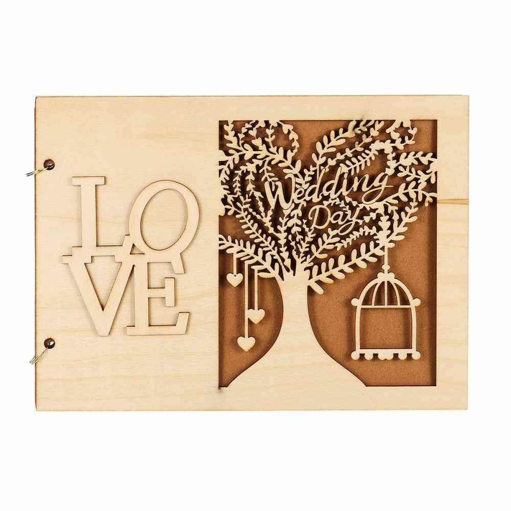 Livre d'or de mariage rustique en bois gravé avec 30 pages