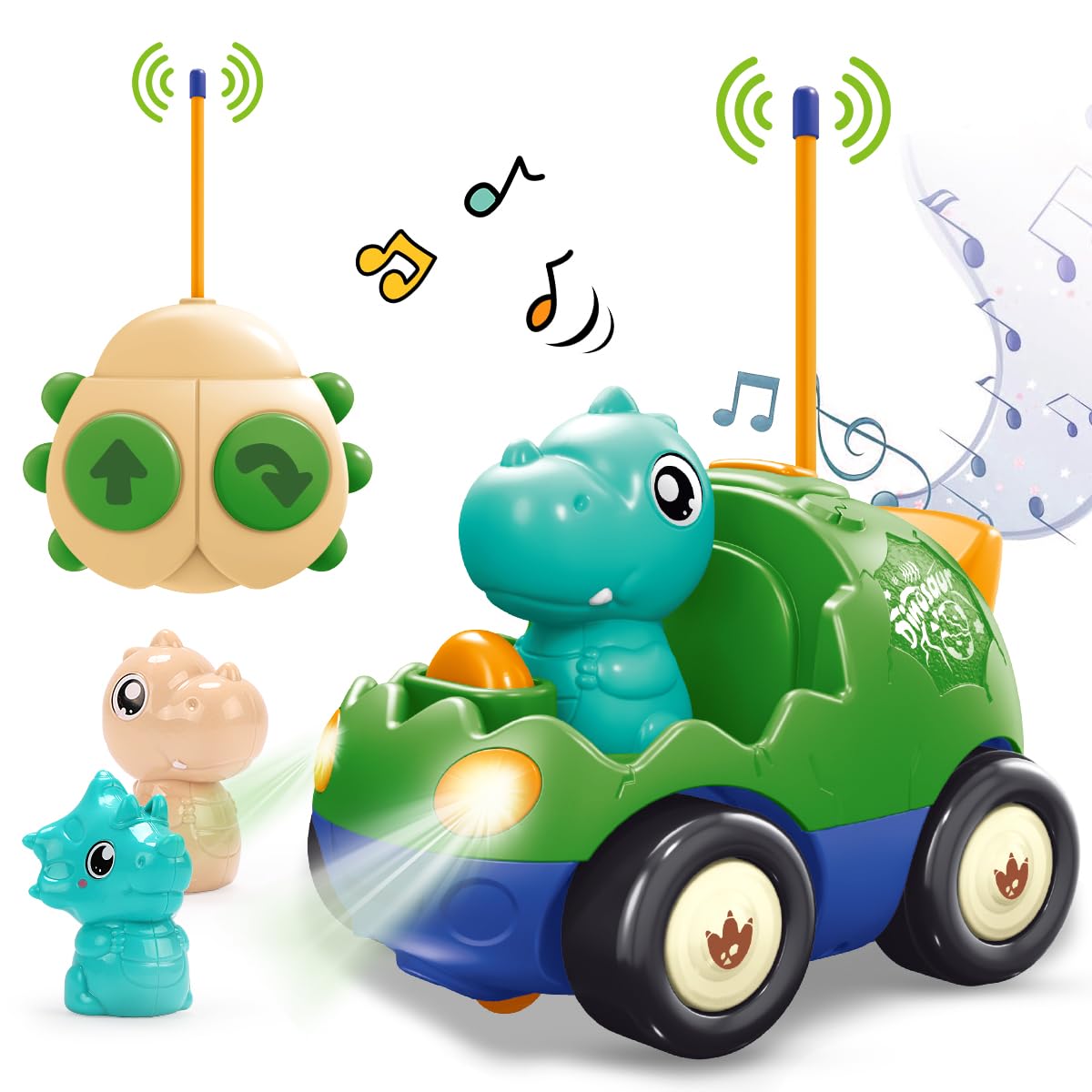 REMOKING My First Dinosaur Remote Control Car for Toddlers Age 2–4, Musical RC Toy with Lights & Sounds, Easy-to-Use 2-Button Controller, Safe Educational Toy for Boys and Girls