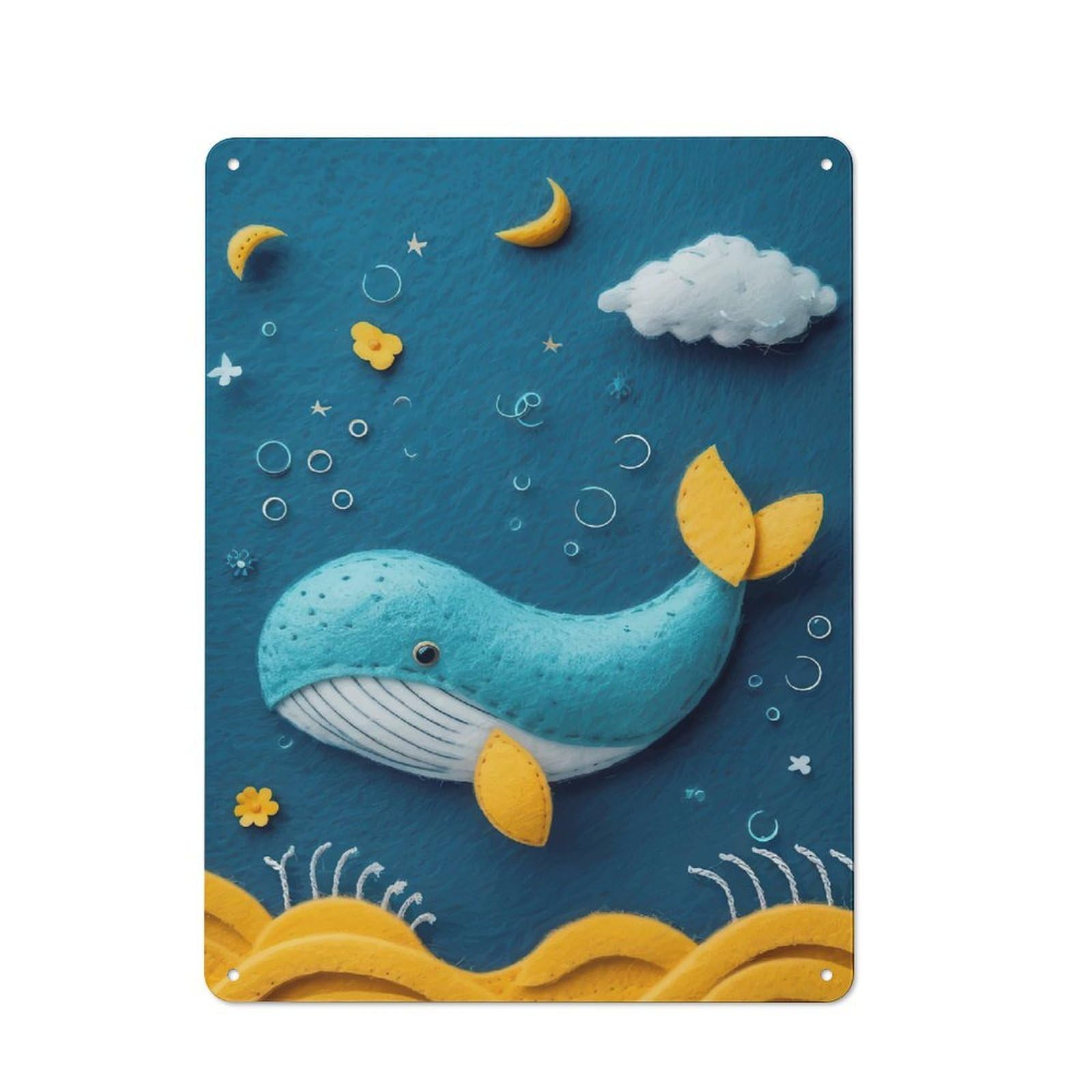 Everyday Vintage Metal Sign 40x30cm Featuring Felt Whale in A Dreamy Seascape, Room Wall Plaque for Home, Shop, Pub Or Studio Wall