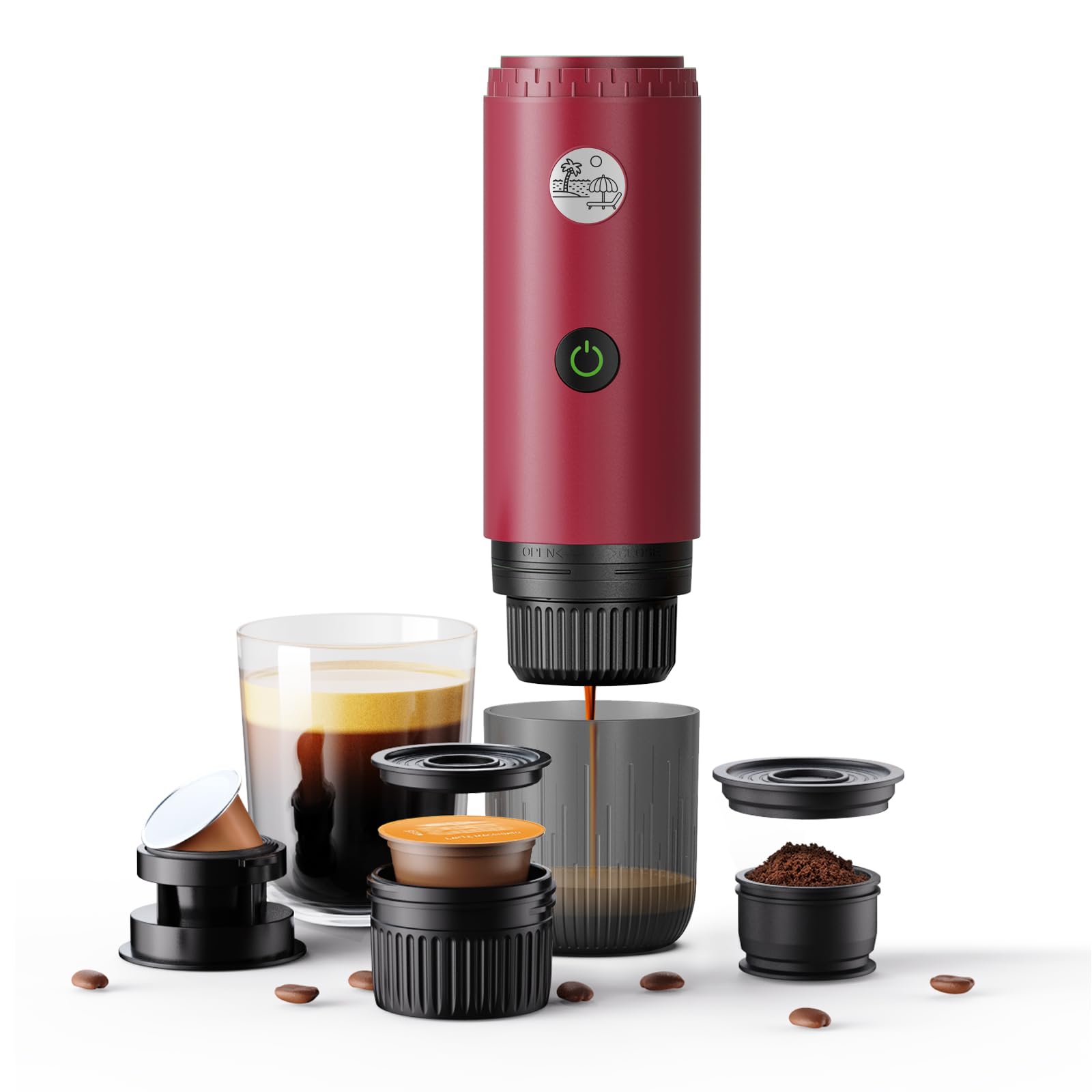 RECAFIMIL Portable Coffee Machine 3-in-1, Portable 19-bar Espresso Machine 12V with Self-heating Compatible with NS and DG Capsules and Ground Coffee for Camping, Travel and Home (red)