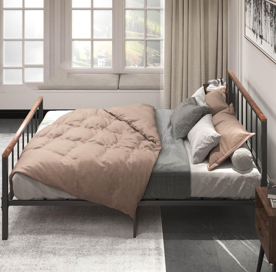 Miniatura 7 de Marco de cama de metal tamaño Queen con cabecero y estribo, marco de cama resistente de 84 pulgadas con espacio de almacenamiento, marco de cama