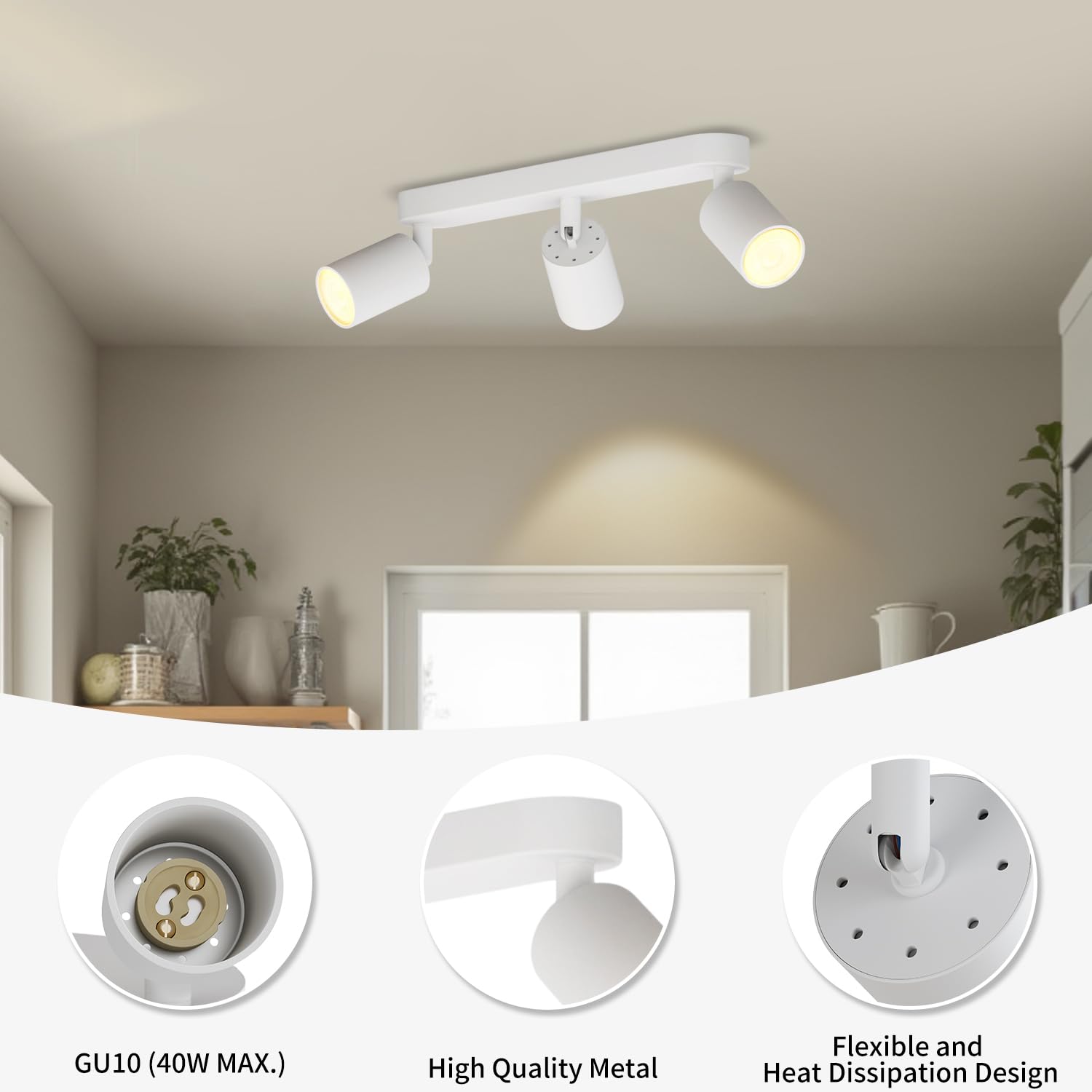 LVWIT Foco de Techo LED Blanco, 3 Focos, Orientable, GU10, Lámpara de Techo Moderna, para Cocina, Salón, Dormitorio (Sin Bombillas)