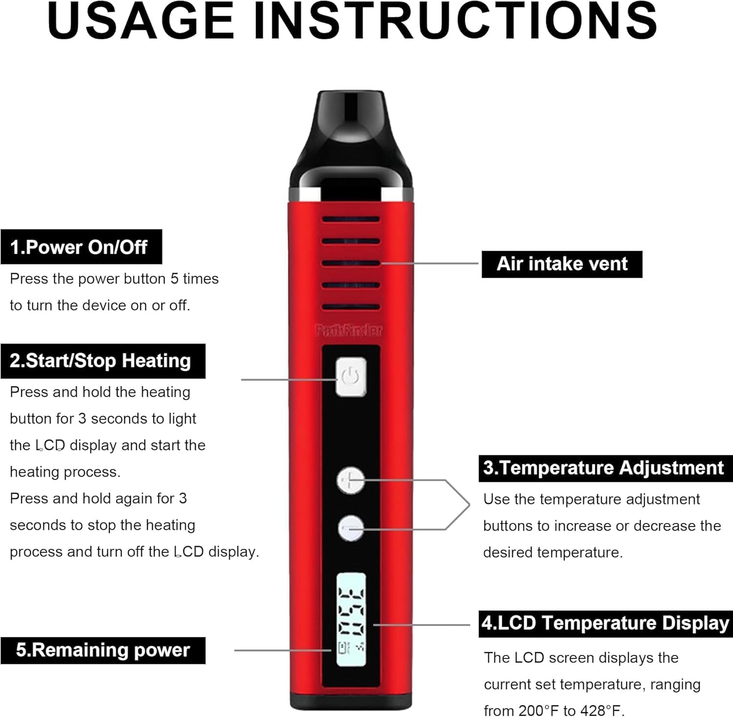 Kräuter Vaporizer 1800mAh Akku – Dry Herb Vaporizer mit Edelstahl-Heizkammer, LCD Display, Einstellbare Temperatur 93–220°C, Tragbarer Kräuter Verdampfer mit Isoliertem Luftweg-Rot