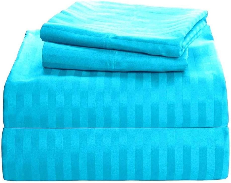 Heavy 1500-Thread-Count Pure Combed Cotton 6-PCs Sheet Set (1 Fitted, 1 Flat, 4 Pillowcase) Fits Mattress 25-28'' Fully Elastic Deep Pocket (King Size) (Stripe, Turquoise)