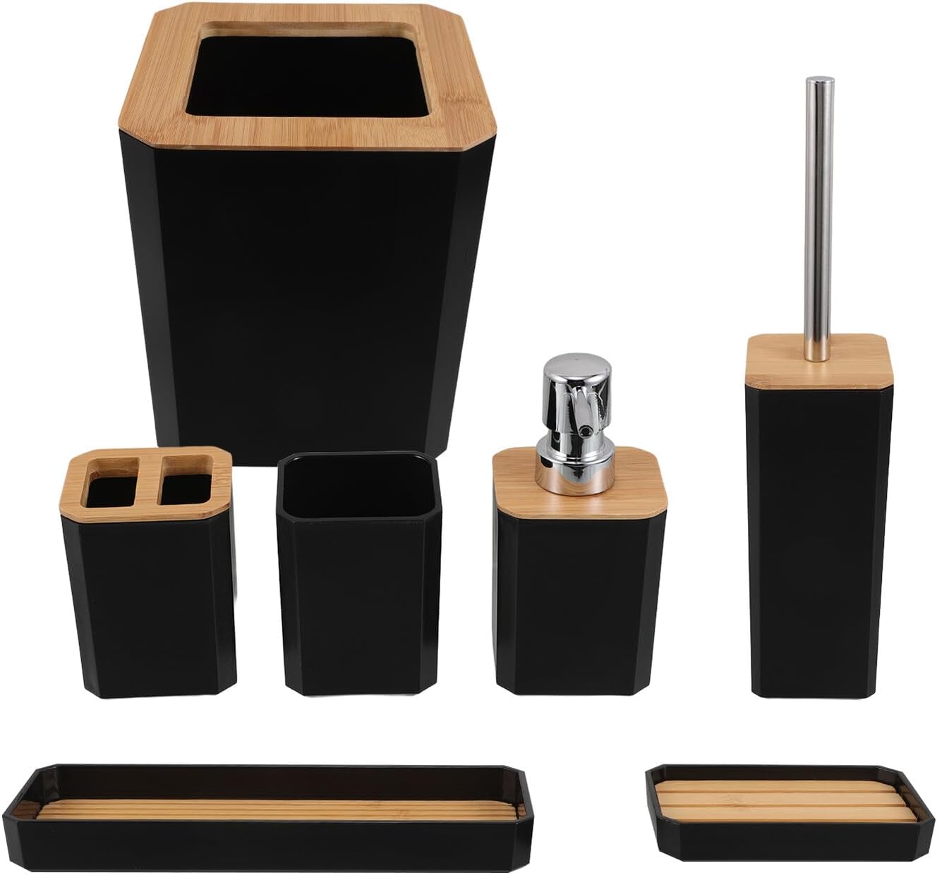 Black Bathroom Accessory Set 7pcs with Soap Dispenser, Toothbrush Cup, Toilet Brush Holder for Home and Hotel Restrooms