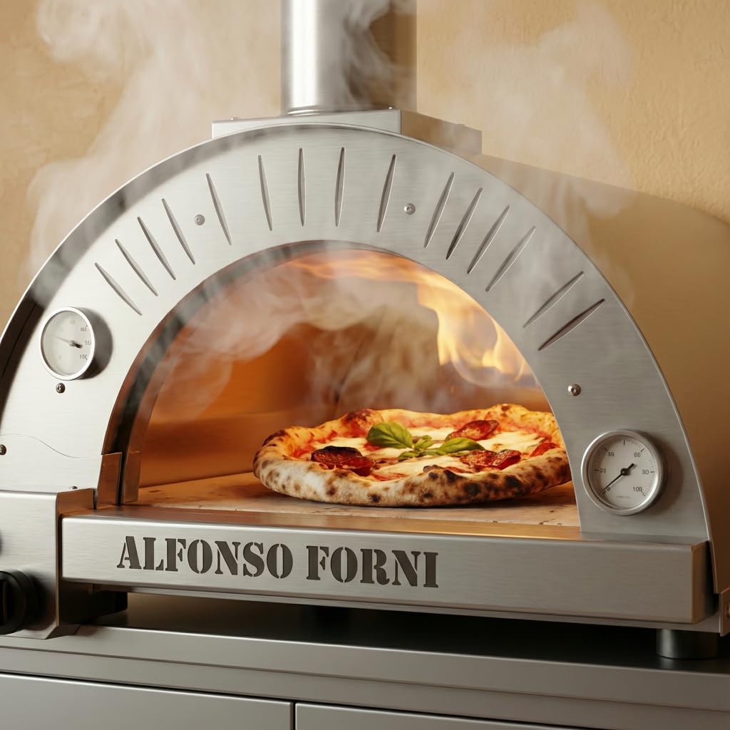 Forno ibrido legna gas Alfonso 4 Pizze, tetto inox lucido e carrello con ruote, 2 pirometri, portina chiuderna – (Solo forno (senza bruciatore))