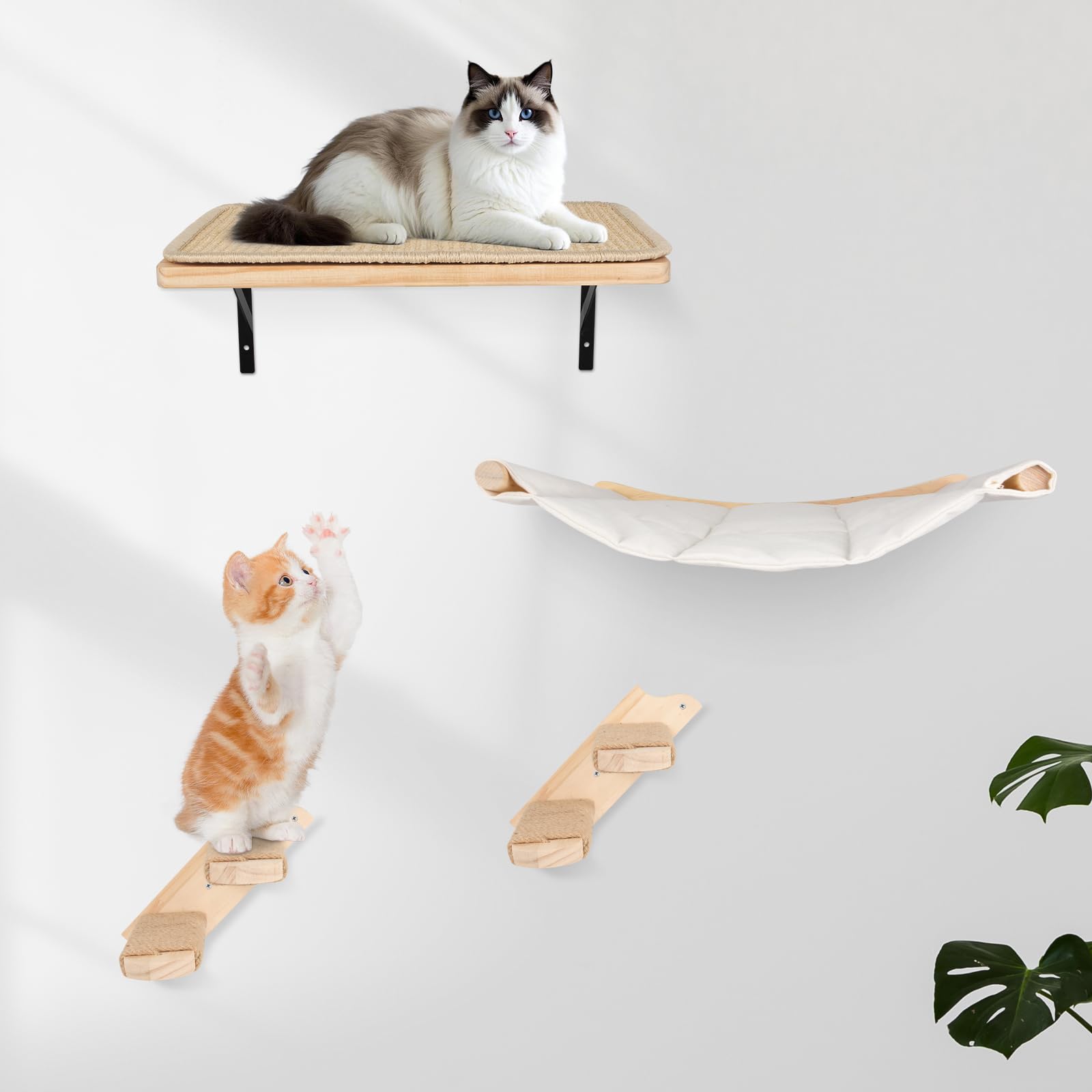 Katzen Kletterwand Set, 55cm x 46cm Katzenhängematte & Katzenwandregale & 2 Katzenleiter, 4er-Set Katzenwandparkour für Katzen, Katzen Wandelemente zum Schlafen und Ausruhen (XL, Beige)
