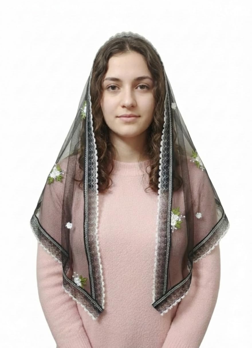 Black Triangle Church Scarf(Catholic mantilla) with Embroidered Floral Design, Net Fabric, 240 cm Length, with Wig Clip.-image-8