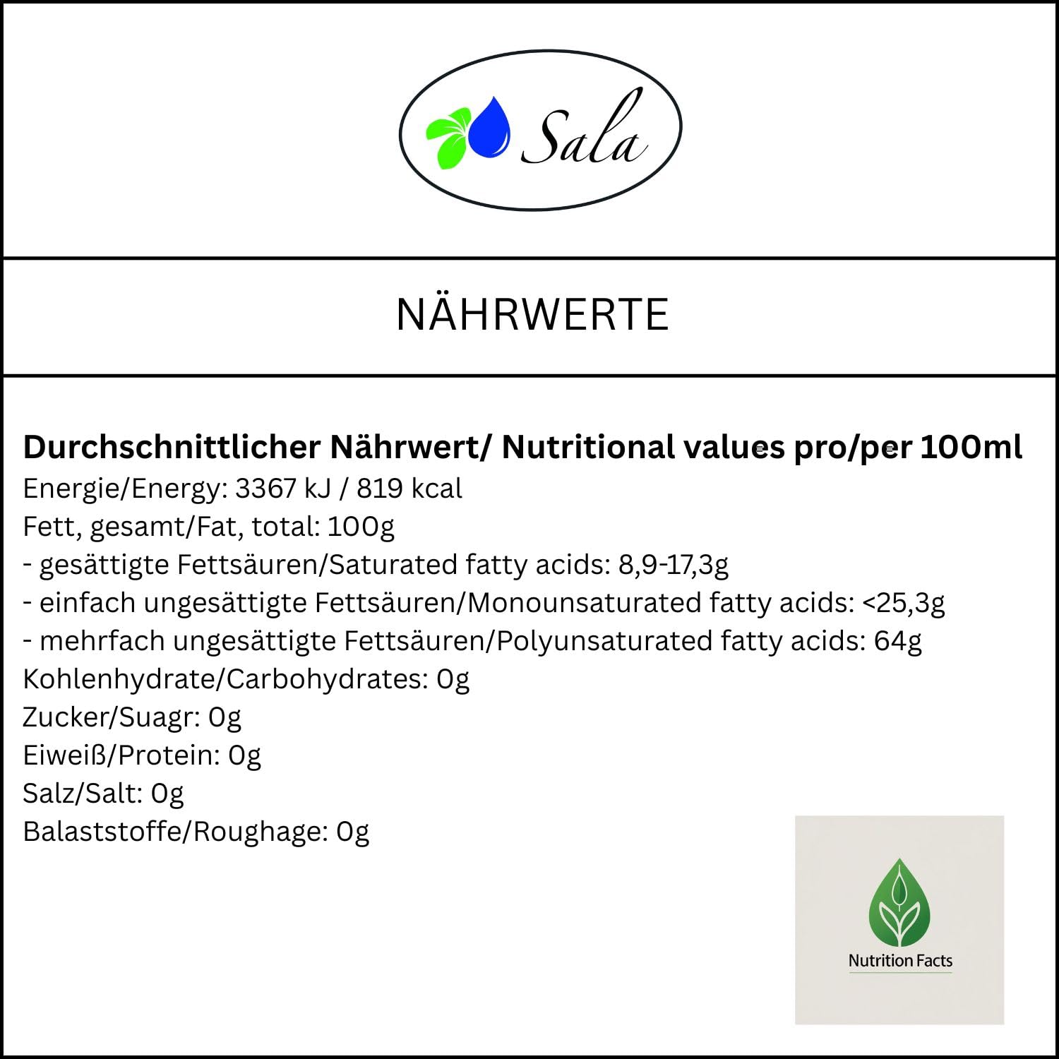 Sala Olio di canapa olio di semi di canapa spremuto a freddo, nativo BIO 1000 ml (bottiglia di vetro da 1 litro)