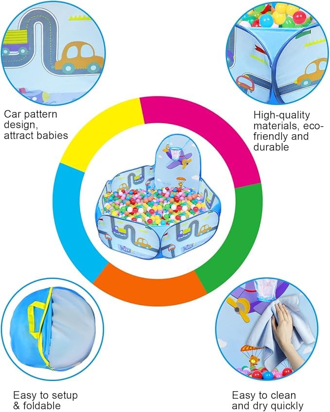 Image of BabyGo Kids Aeroplane Basketball Ball Pool for Kids, Play Tent House for 2+ Year Old Girls and Boys, Ball Pit for Kid, Spacious, Lightweight, Portable & Easy to Set Up, (Blue) (30 Balls)