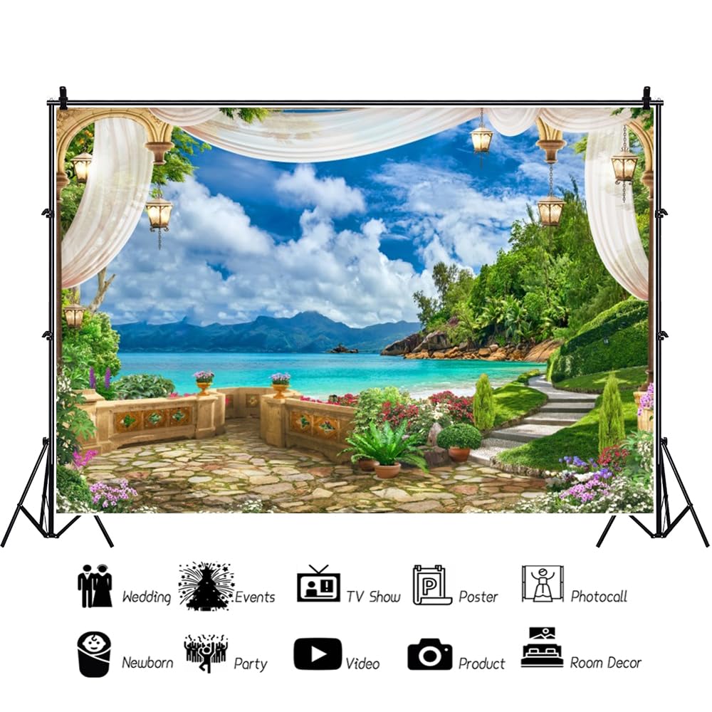 AOFOTO 6X4ft Garden Terrace Backdrop Beautiful Gallery Scenery Photography Background Kid Girl Artistic Portrait Seascape Romantic Retro Photo Shoot Studio Props Video Drop Vinyl Decor Wallpaper Drape - View #5