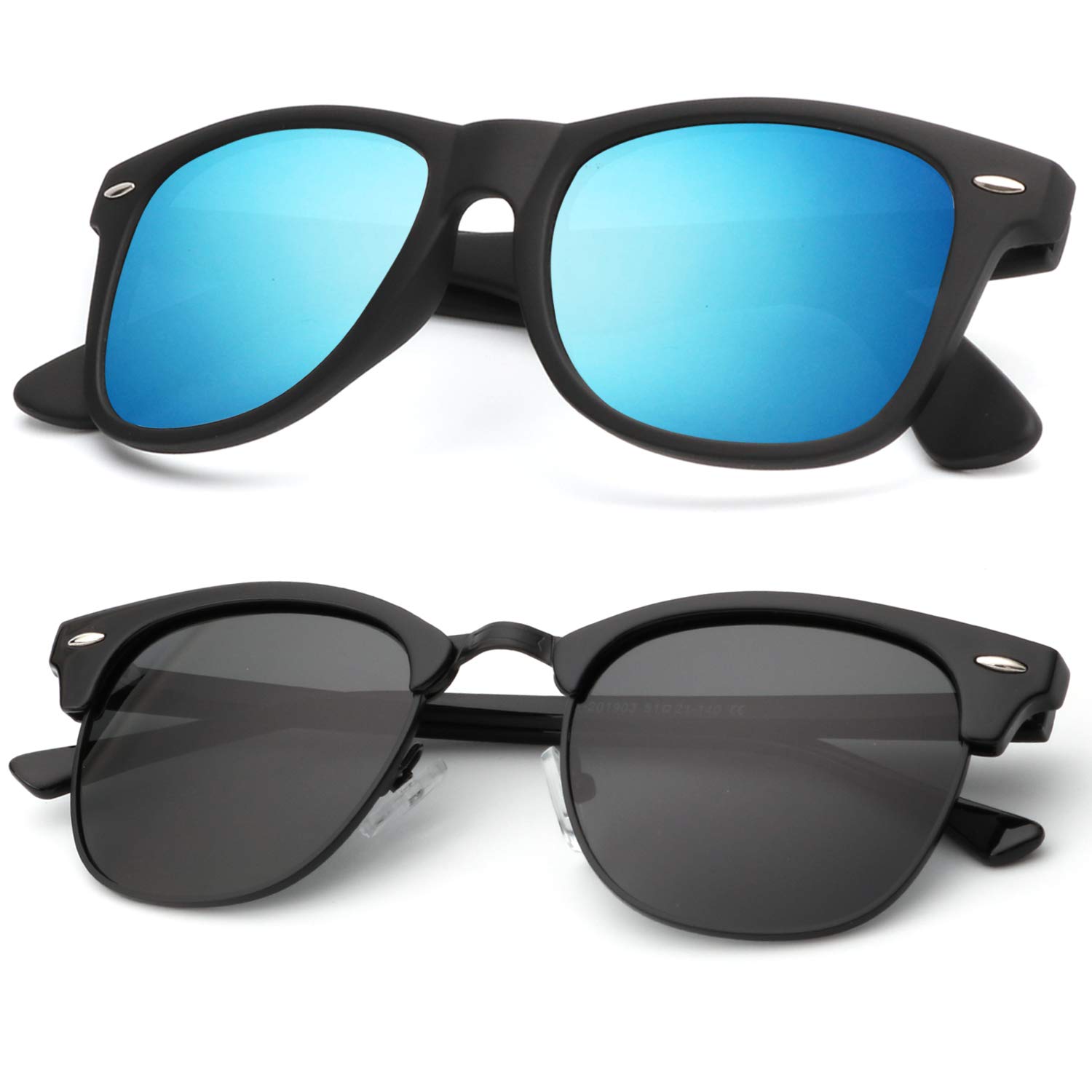 KALIYADI Polarized Sunglasses for Men and Women Semi-Rimless Frame Driving Sun glasses UV Blocking B20-(2 Pack) Glossy Black | Black | Black Rim / Matte Black | Blue Multicoloured