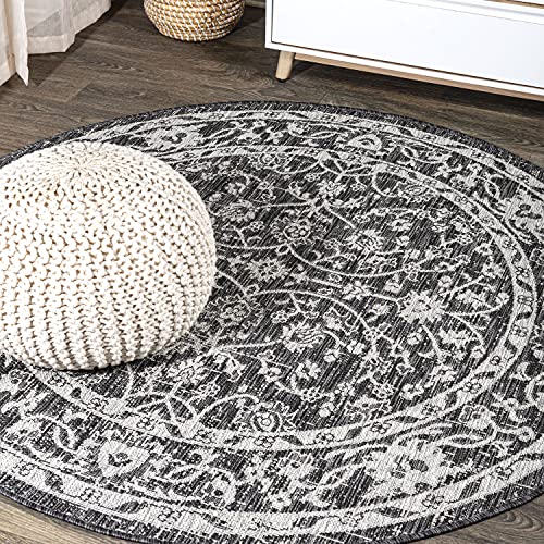 Image of JONATHAN Y Vine & Border Indoor Outdoor Round Area Rug 5 Ft Black /Gray, Palazzo Textured Weave for Backyard, Patio, Porch, Easy-Cleaning, High Traffic, Pet-Friendly, Non-Shedding (SMB103C-5R)