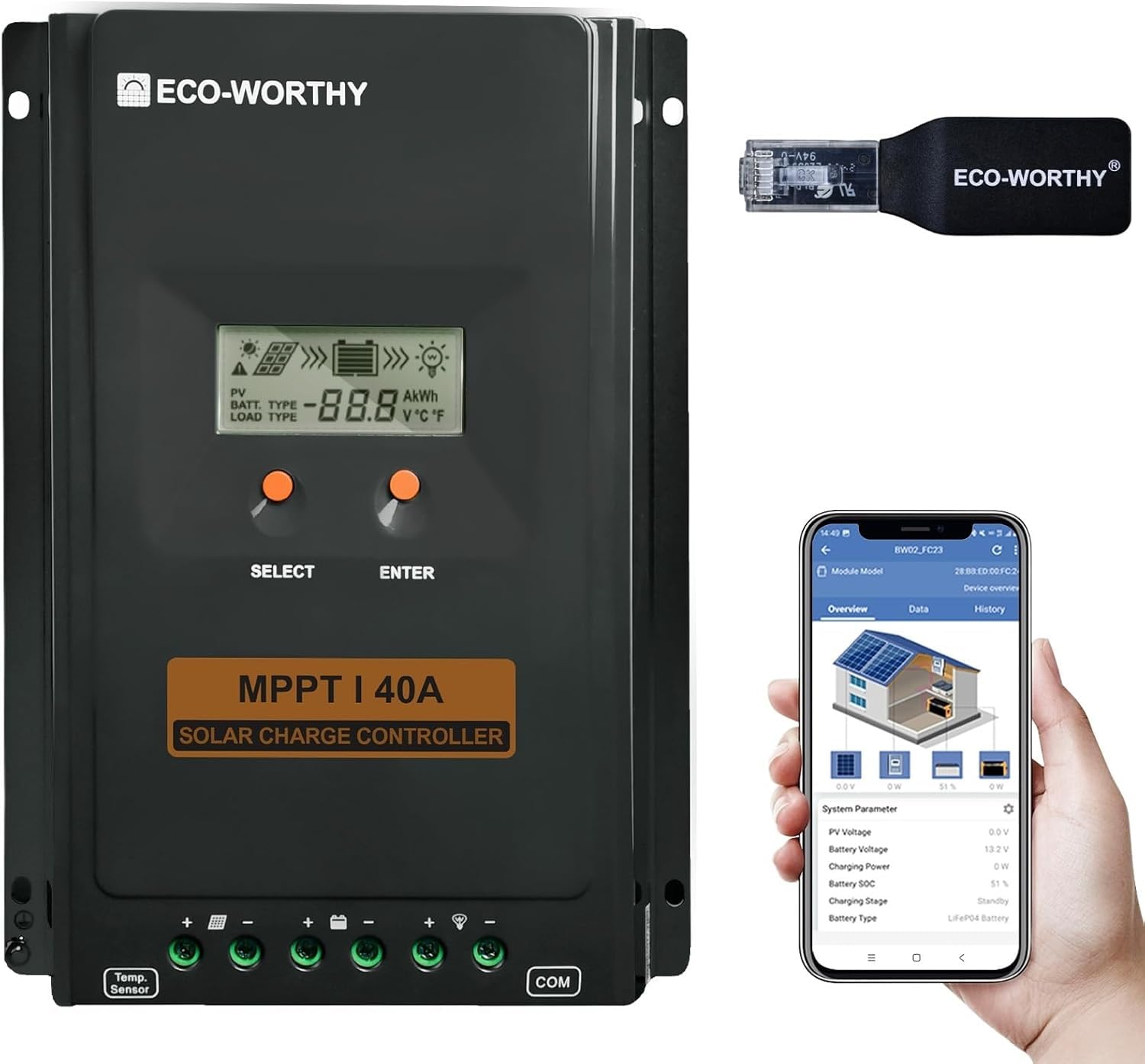 ECO-WORTHY Regolatore di carica 40A MPPT,Regolatore Solare 12V/24V con Display LCD, Monitoraggio Tramite App Bluetooth e RS485, Efficienza di Carica del 99% per Batterie al litio GEL SLA FLD