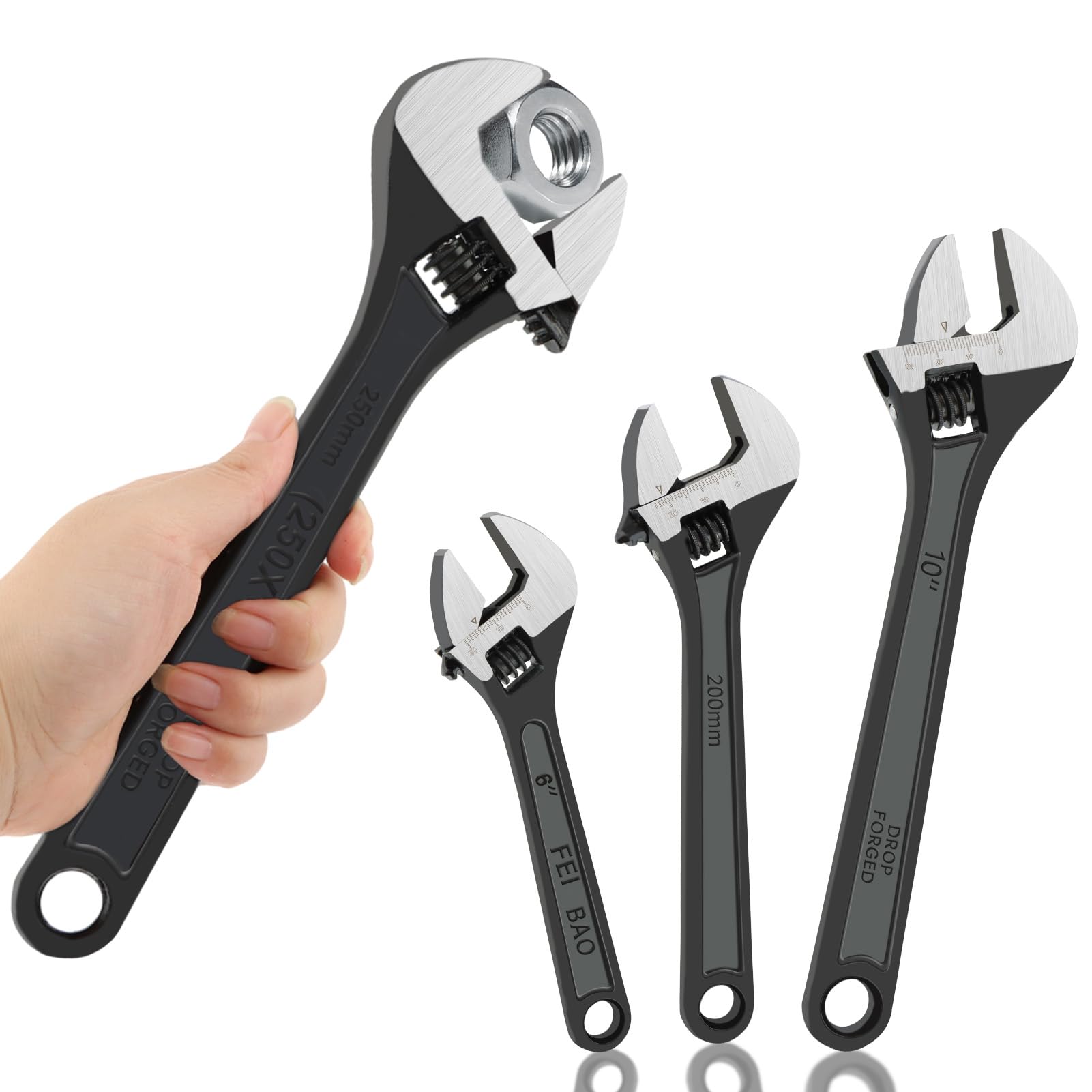 Verstellbares Schraubenschlüssel-Set, Rohrschlüssel, 15,2 cm, 20,3 cm, 25,4 cm breite Backenschlüssel mit ergonomischem Griff, halbmondförmig, verstellbarer Schraubenschlüssel-Set für